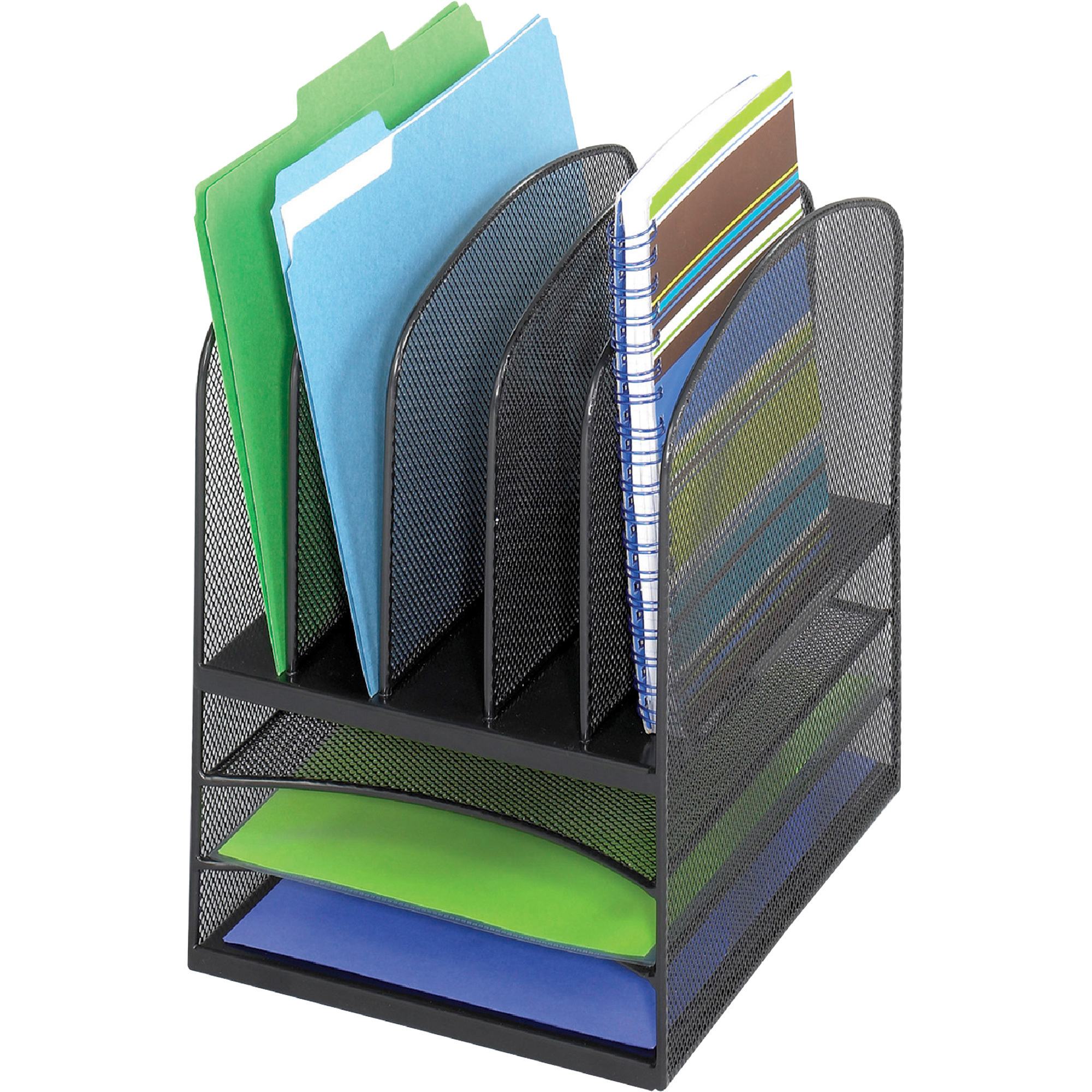 Safco Onyx Mesh Desktop Organizer-- 5 Vertical Sections, 3 Horizontal Shelves, Black, Model# 3266BL